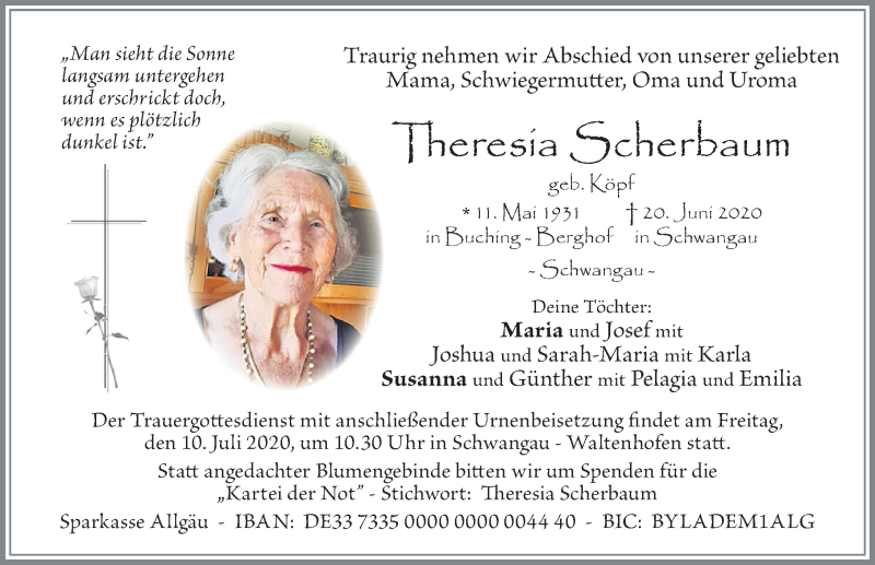  Traueranzeige für Theresia Scherbaum vom 03.07.2020 aus Allgäuer Zeitung, Füssen