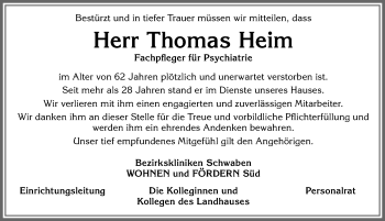 Traueranzeige von Thomas Heim von Allgäuer Zeitung, Kaufbeuren/Buchloe