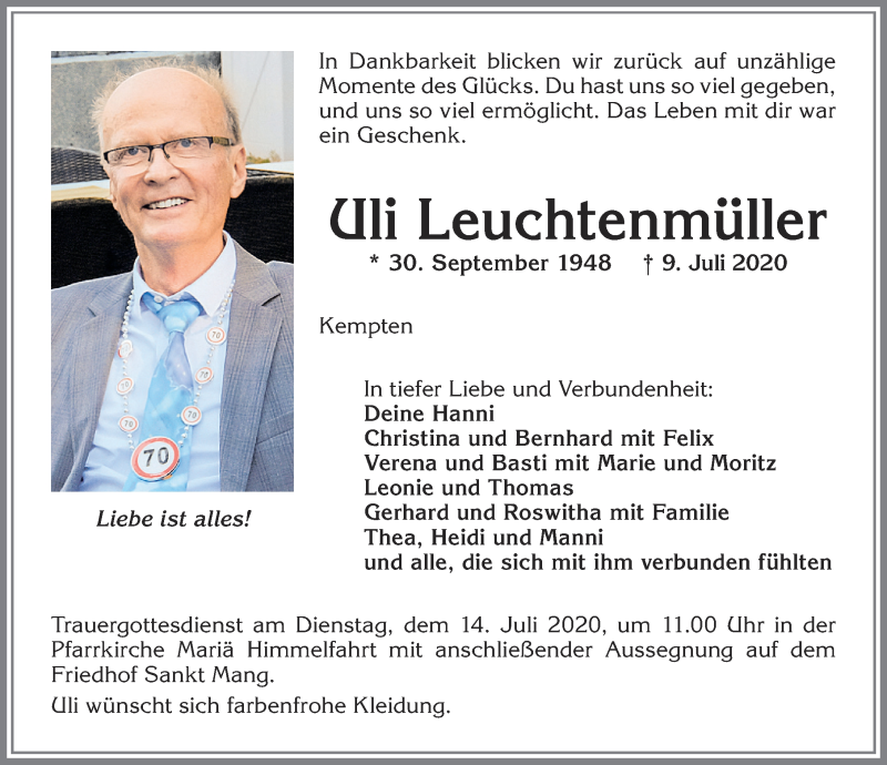  Traueranzeige für Uli Leuchtenmüller vom 11.07.2020 aus Allgäuer Zeitung,Kempten