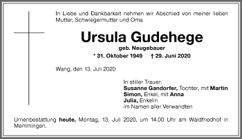 Traueranzeige von Ursula Gudehege von Memminger Zeitung