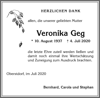 Traueranzeige von Veronika Geg von Allgäuer Anzeigeblatt