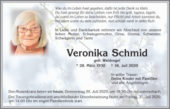 Traueranzeige von Veronika Schmid von Allgäuer Zeitung, Marktoberdorf