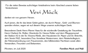 Traueranzeige von Vevi Mück von Allgäuer Zeitung, Füssen