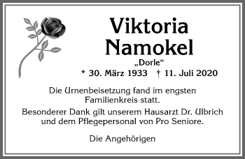 Traueranzeige von Viktoria Namokel von Allgäuer Zeitung,Kempten