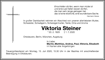 Traueranzeige von Viktoria Steiner von Memminger Zeitung