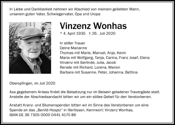 Traueranzeige von Vinzenz Wonhas von Memminger Zeitung