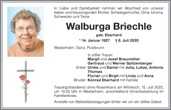Traueranzeige von Walburga Briechle von Memminger Zeitung