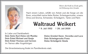 Traueranzeige von Waltraud Weikert von Allgäuer Anzeigeblatt