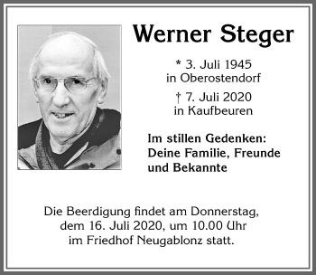 Traueranzeige von Werner Steger von Allgäuer Zeitung, Kaufbeuren/Buchloe