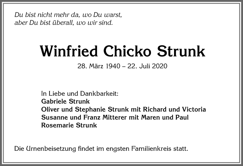  Traueranzeige für Winfried Chicko Strunk vom 25.07.2020 aus Allgäuer Zeitung,Kempten