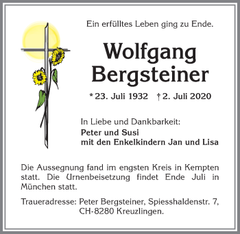 Traueranzeige von Wolfgang Bergsteiner von Allgäuer Zeitung,Kempten