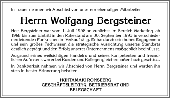 Traueranzeige von Wolfgang Bergsteiner von Allgäuer Zeitung