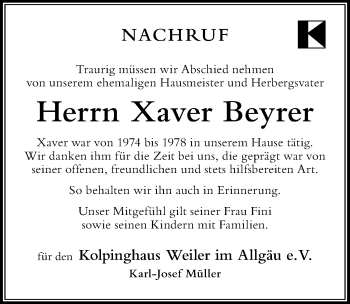 Traueranzeige von Xaver Beyrer von Der Westallgäuer