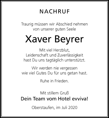 Traueranzeige von Xaver Beyrer von Der Westallgäuer