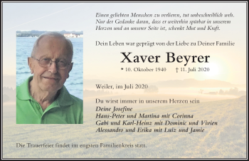 Traueranzeige von Xaver Beyrer von Der Westallgäuer