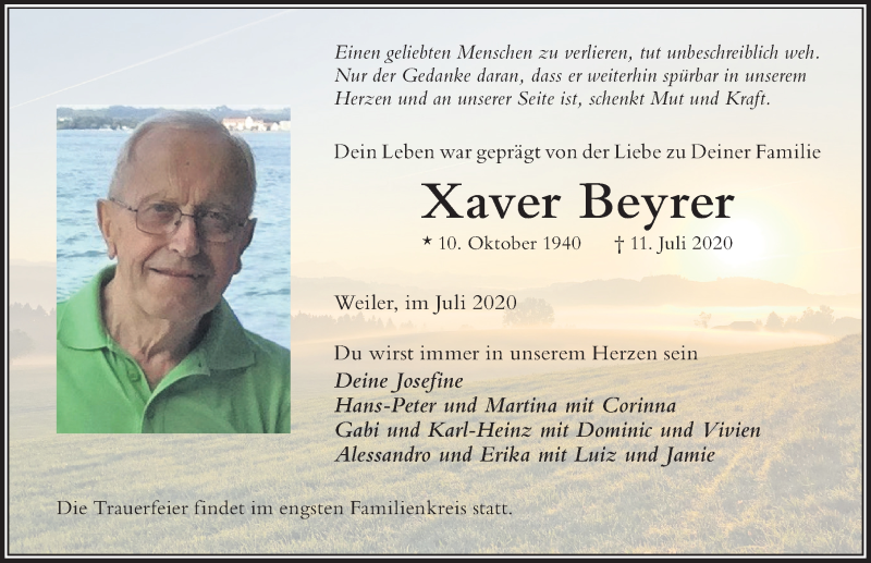  Traueranzeige für Xaver Beyrer vom 15.07.2020 aus Der Westallgäuer
