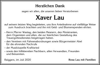 Traueranzeige von Xaver Lau von Allgäuer Zeitung, Marktoberdorf