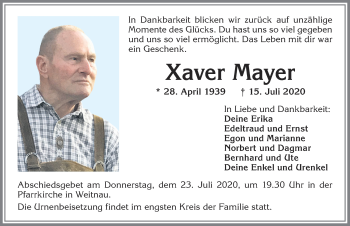 Traueranzeige von Xaver Mayer von Allgäuer Zeitung,Kempten