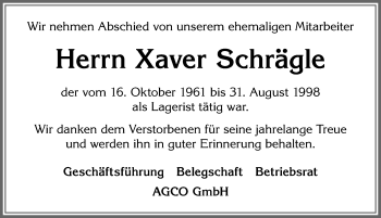 Traueranzeige von Xaver Schrägle von Allgäuer Zeitung, Marktoberdorf