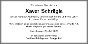 Traueranzeige von Xaver Schrägle von Allgäuer Zeitung, Marktoberdorf