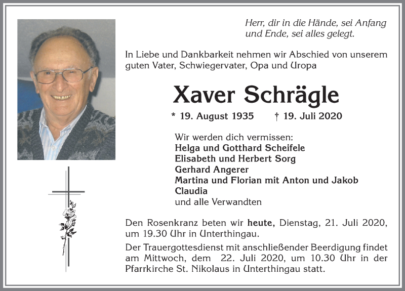  Traueranzeige für Xaver Schrägle vom 21.07.2020 aus Allgäuer Zeitung, Marktoberdorf