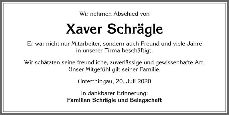  Traueranzeige für Xaver Schrägle vom 22.07.2020 aus Allgäuer Zeitung, Marktoberdorf