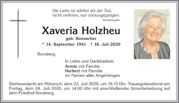 Traueranzeige von Xaveria Holzheu von Allgäuer Zeitung, Marktoberdorf