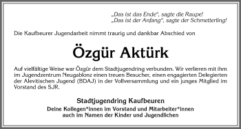 Traueranzeige von Özgür Aktürk von Allgäuer Zeitung, Kaufbeuren/Buchloe