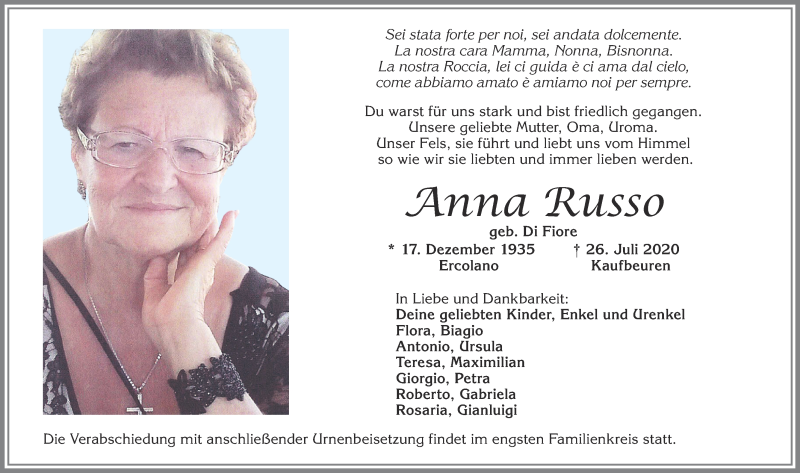  Traueranzeige für Anna Russo vom 29.07.2020 aus Allgäuer Zeitung, Kaufbeuren und Buchloe