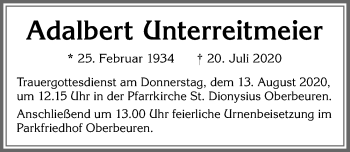 Traueranzeige von Adalbert Unterreitmeier von Allgäuer Zeitung, Kaufbeuren/Buchloe