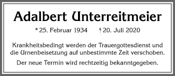 Traueranzeige von Adalbert Unterreitmeier von Allgäuer Zeitung, Kaufbeuren/Buchloe