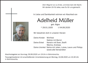 Traueranzeige von Adelheid Müller von Der Westallgäuer