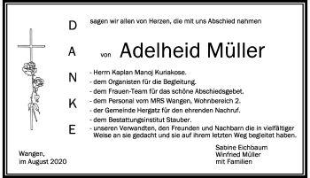 Traueranzeige von Adelheid Müller von Der Westallgäuer