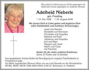 Traueranzeige von Adelheid Nieberle von Allgäuer Zeitung, Kaufbeuren/Buchloe