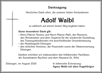 Traueranzeige von Adolf Waibl von Allgäuer Zeitung, Kaufbeuren/Buchloe