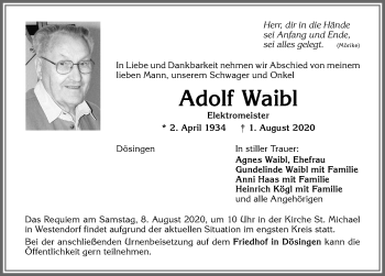 Traueranzeige von Adolf Waibl von Allgäuer Zeitung, Kaufbeuren/Buchloe