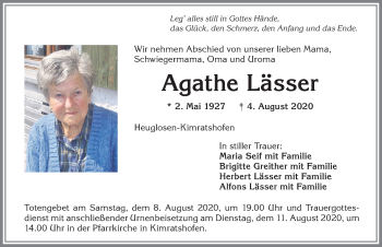 Traueranzeige von Agathe Lässer von Allgäuer Zeitung,Kempten