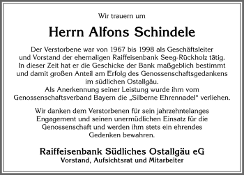 Traueranzeige von Alfons Schindele von Allgäuer Zeitung, Füssen