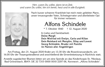 Traueranzeige von Alfons Schindele von Allgäuer Zeitung, Füssen