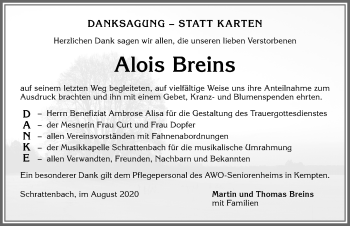 Traueranzeige von Alois Breins von Allgäuer Zeitung,Kempten
