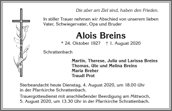 Traueranzeige von Alois Breins von Allgäuer Zeitung,Kempten