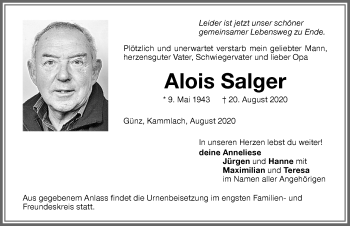 Traueranzeige von Alois Salger von Memminger Zeitung