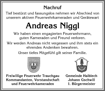 Traueranzeige von Andreas Niggl von Allgäuer Zeitung, Füssen