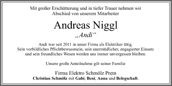 Traueranzeige von Andreas Niggl von Allgäuer Zeitung, Füssen