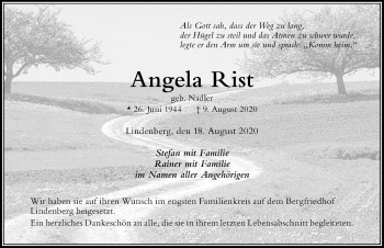 Traueranzeige von Angela Rist von Der Westallgäuer