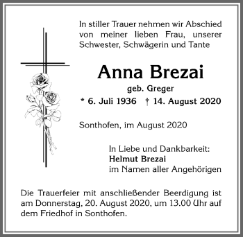 Traueranzeige von Anna Brezai von Allgäuer Anzeigeblatt