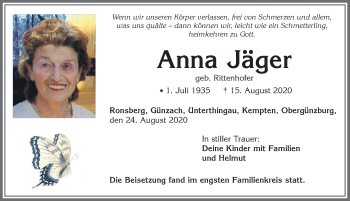 Traueranzeige von Anna Jäger von Allgäuer Zeitung, Marktoberdorf