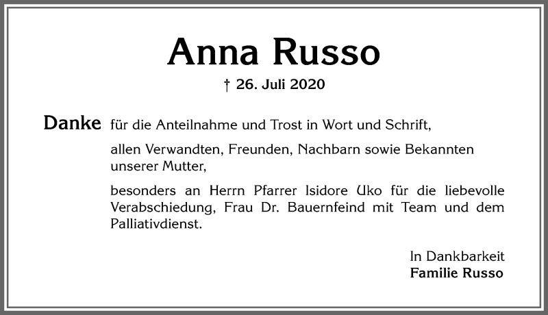  Traueranzeige für Anna Russo vom 06.08.2020 aus Allgäuer Zeitung, Kaufbeuren/Buchloe