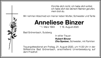 Traueranzeige von Anneliese Binzer von Memminger Zeitung