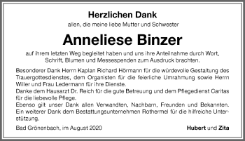 Traueranzeige von Anneliese Binzer von Memminger Zeitung